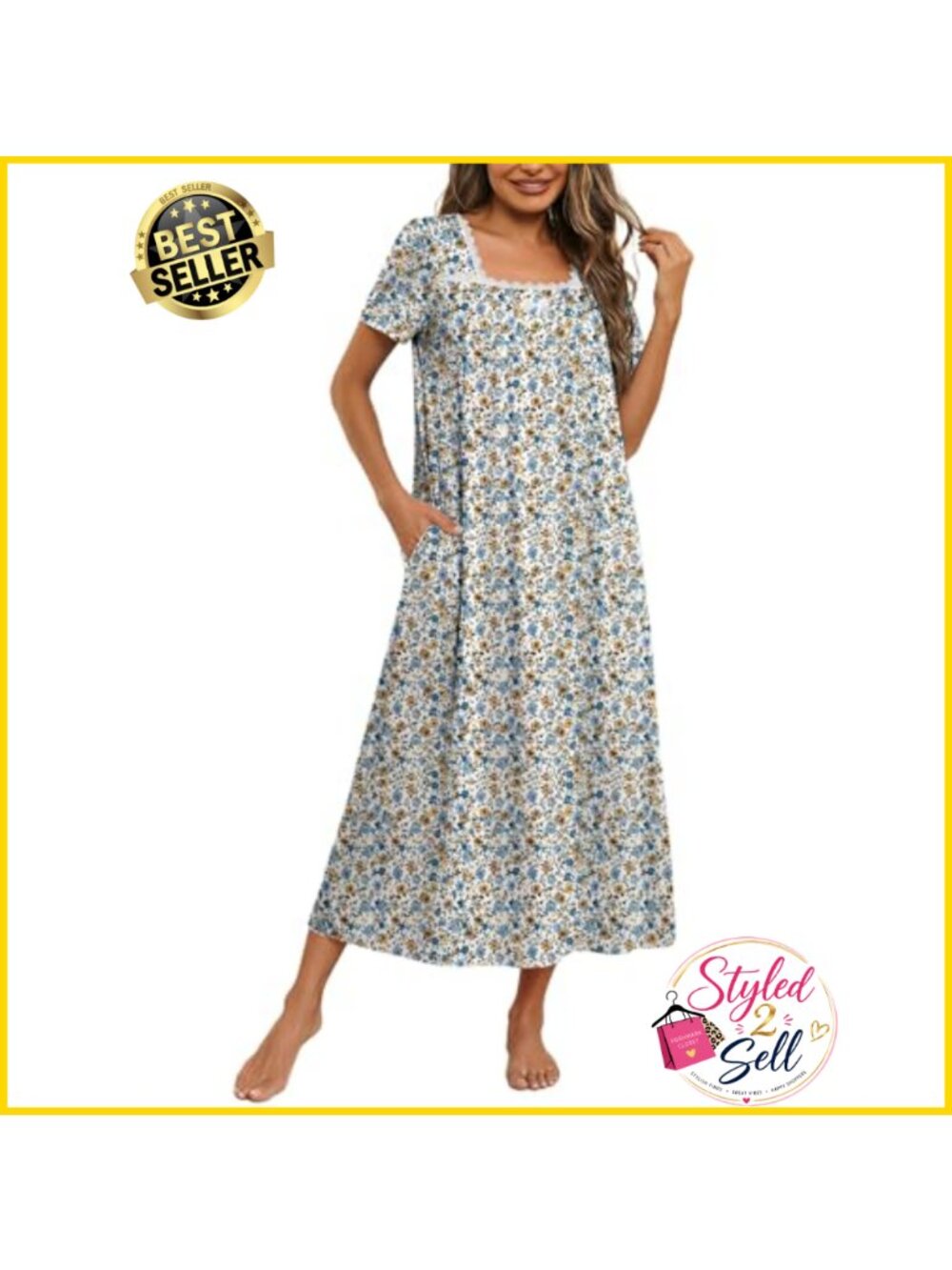 Cotton Long Nightgown Vintage House Dress Pockets Lace Bow